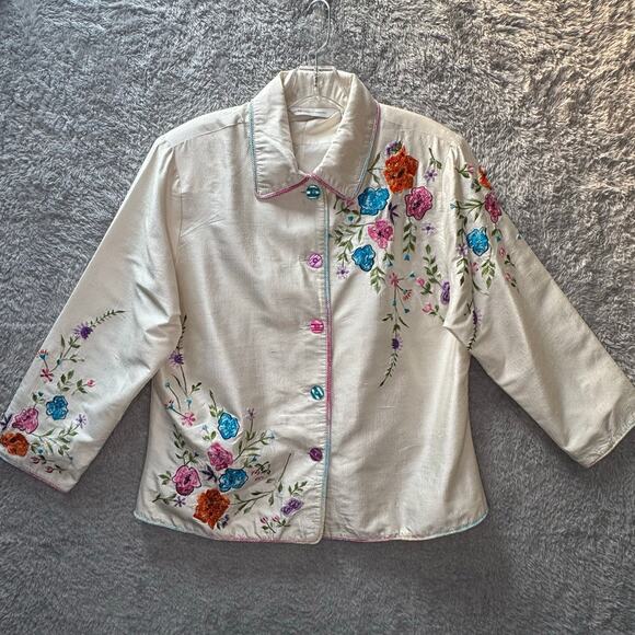 Draper's & Damon's Button Up Embroidered Beaded Silk Jacket Women L White Pink - Picture 1 of 12